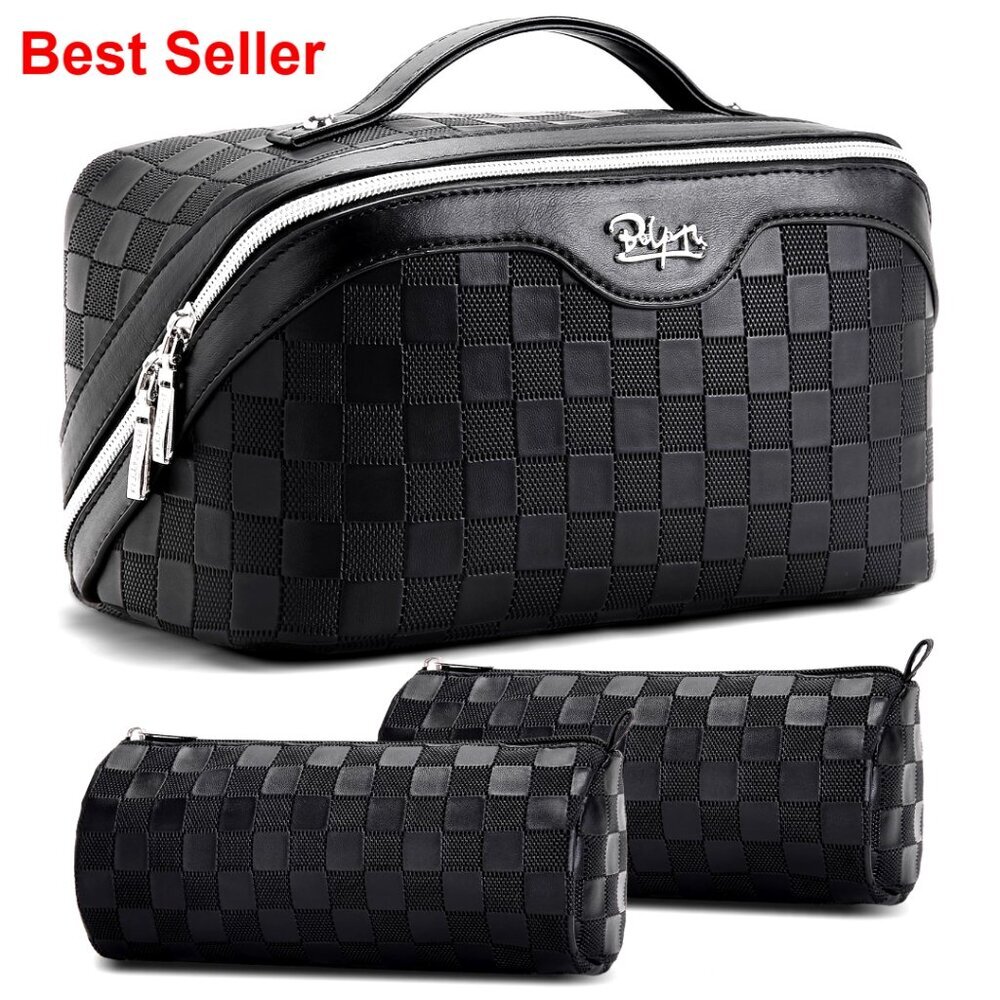 Large Capacity Travel Makeup Bag Set with Compartments Waterproof Leather